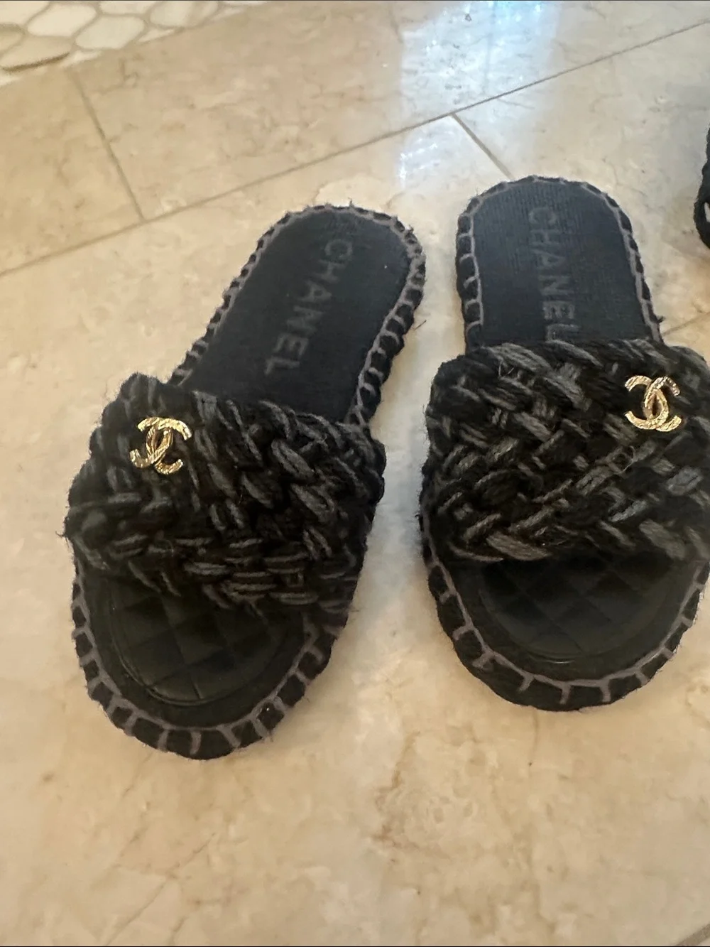 CHANEL Black Braided Slide Sandals with Gold CC Emblem